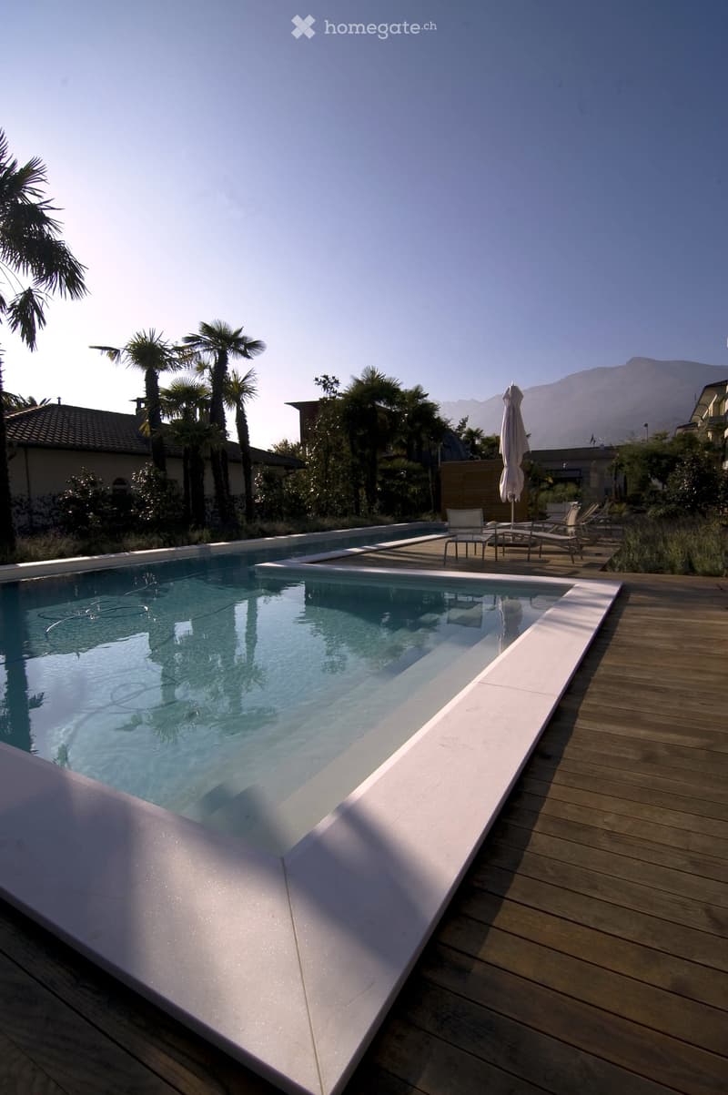 Outdoor area with a swimming pool, wooden decking, lounge chairs, and palm trees, with mountains in the background.