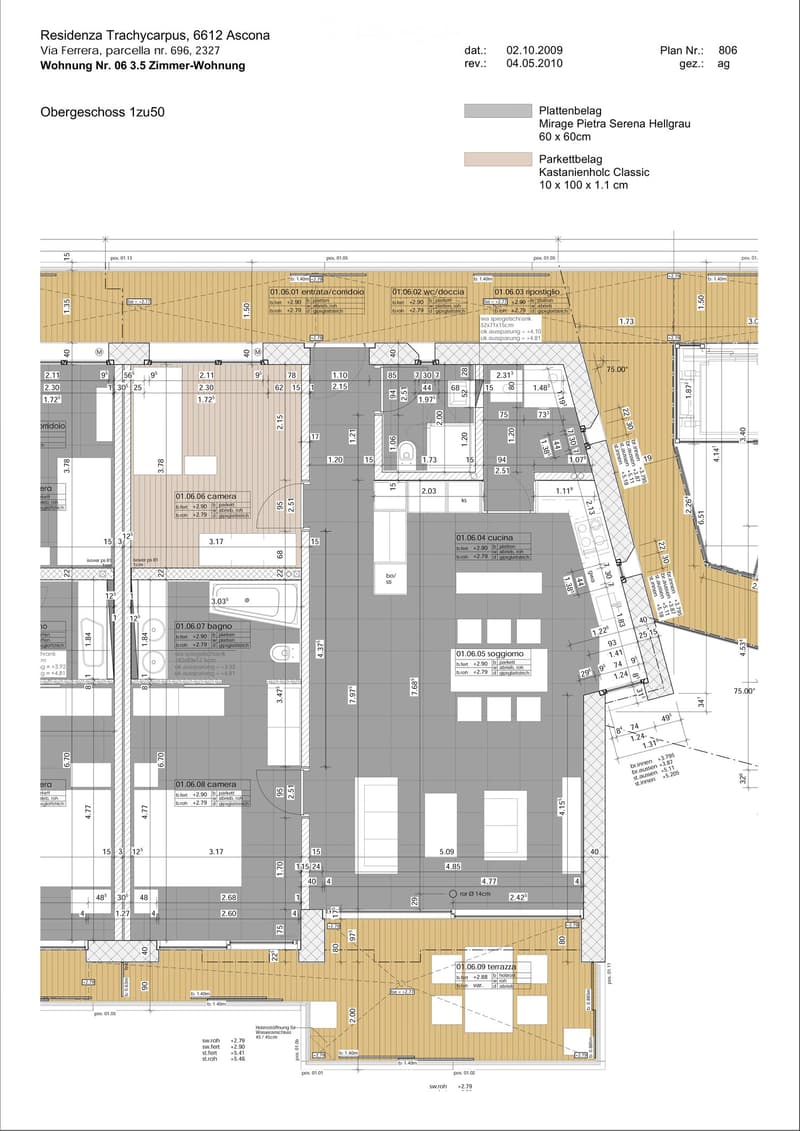 Floor plan of a 3.5-room apartment on the upper floor, including living room, kitchen, bedroom, bathroom, hallway, and terrace.
