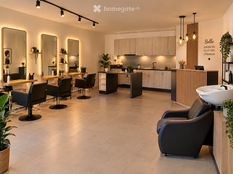 Modern salon with multiple styling chairs, mirrors, a sink, cabinets, and decorative plants.