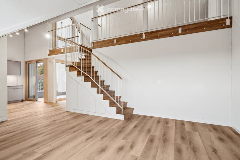Modern house, wooden floors, white walls, glass doors, staircase, kitchen area, white cabinetry