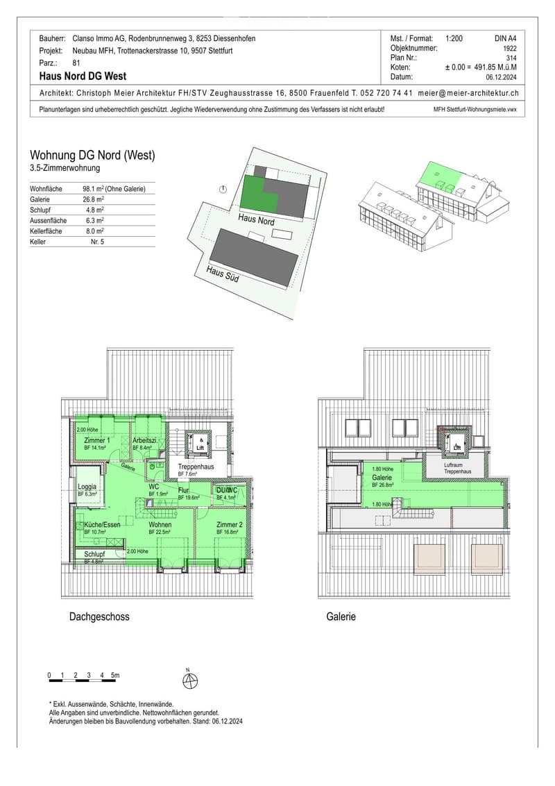 Floor plan shows the layout of a 3.5-room apartment in the 'Wohnung DG Nord (West)' section. The apartment includes a living room, a gallery, a bedroom, a kitchen, an exterior hall, and a storage room. The apartment has a total floor area of 98.1 square m