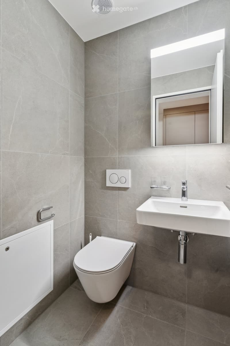 modern minimalist bathroom, white ceramic tiles, modern white toilet, silver faucet, silver sink