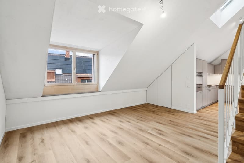 wooden floor, white walls, glass window, skylight, stairs