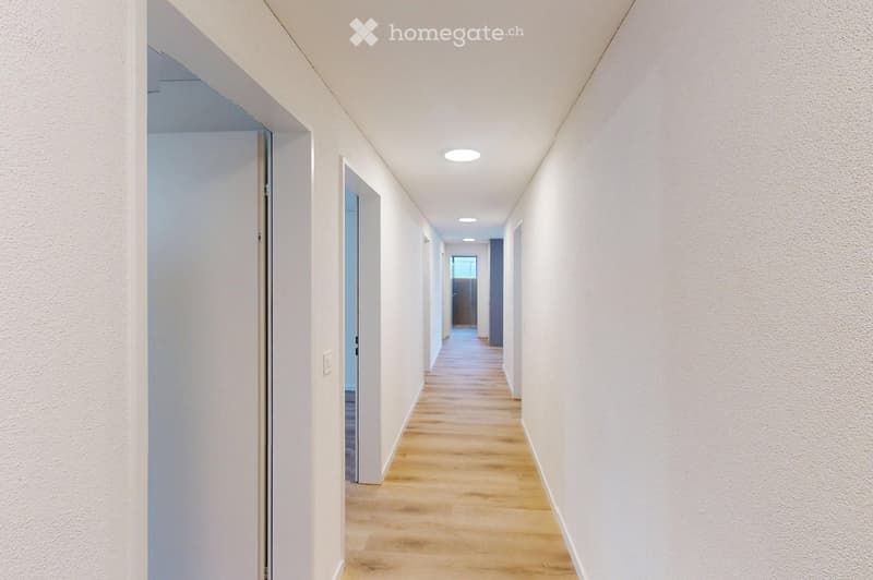 Empty hallway with white walls, wooden floor, and ceiling lights