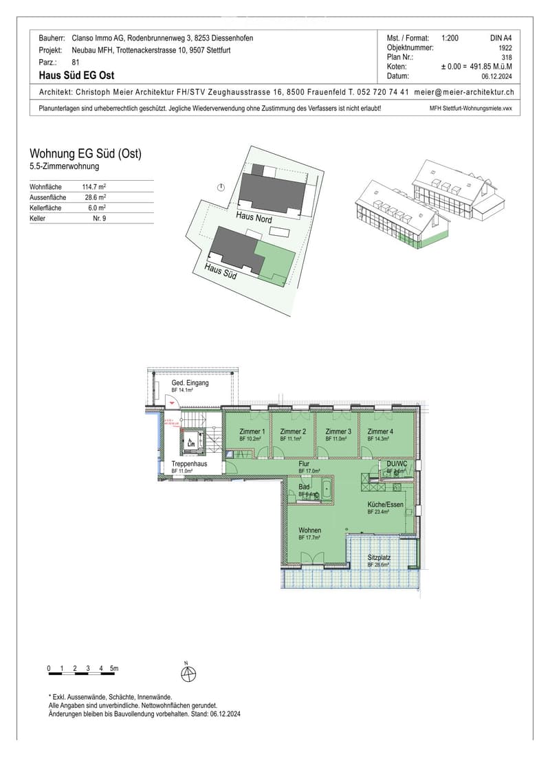 Floor plan of a 5.5-room apartment on the ground floor, including living room, kitchen, dining area, four bedrooms, bathroom, and entrance area.