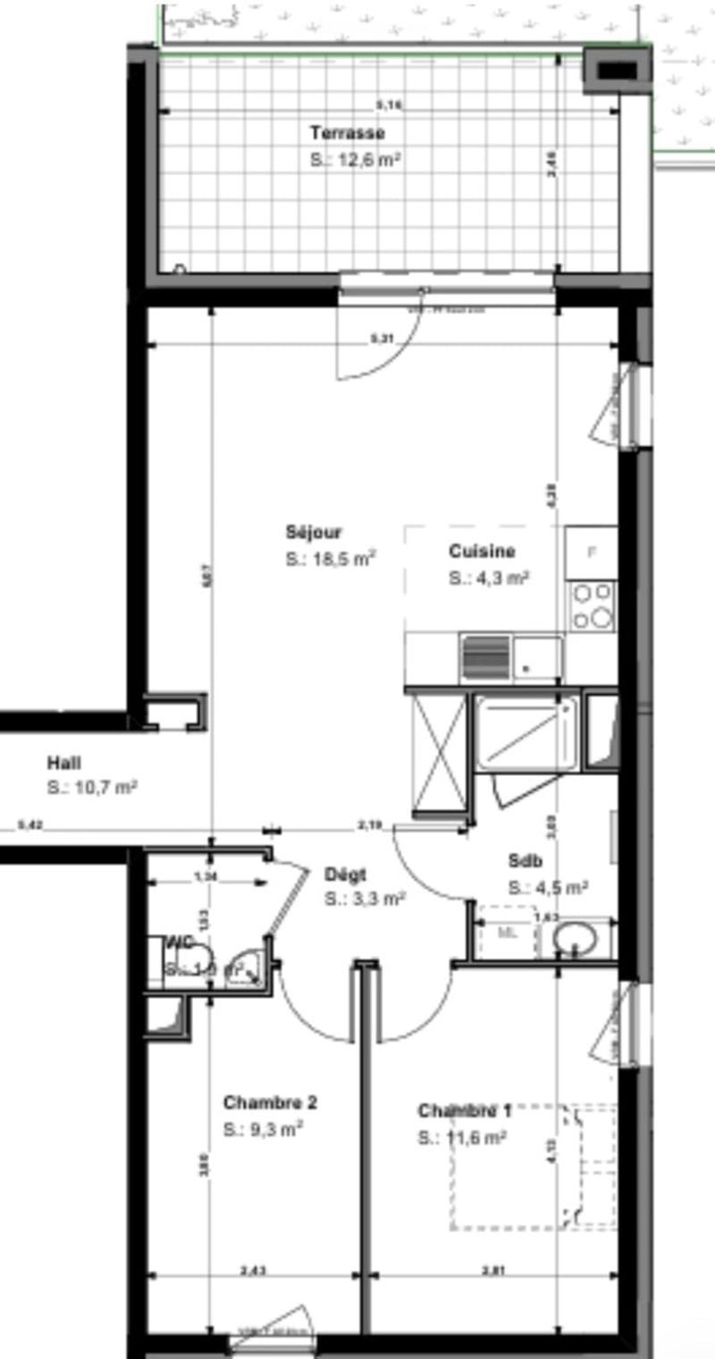 Floor plan of a 2-room apartment with a living room, kitchen, two bedrooms, and a terrace.