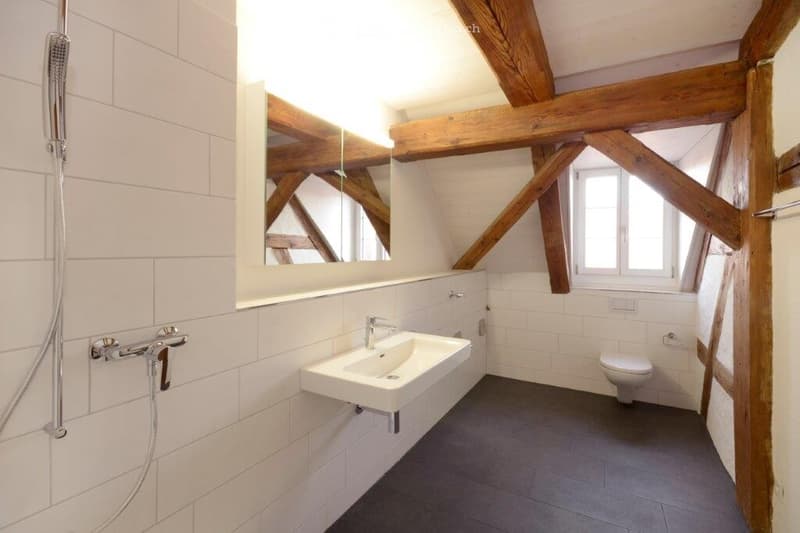 Modern bathroom with white tiles, exposed wooden beams, a large mirror, a sink, a toilet, and a shower with a handheld sprayer.