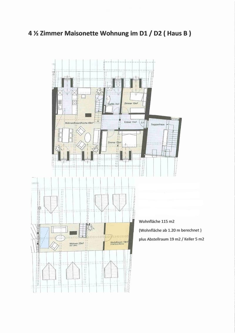 Floor plan of a 4.5-room maisonette apartment in D1/D2 (House B). Layout includes living/dining/kitchen area, two bedrooms, bathroom, entrance, staircase, storage room, and basement.