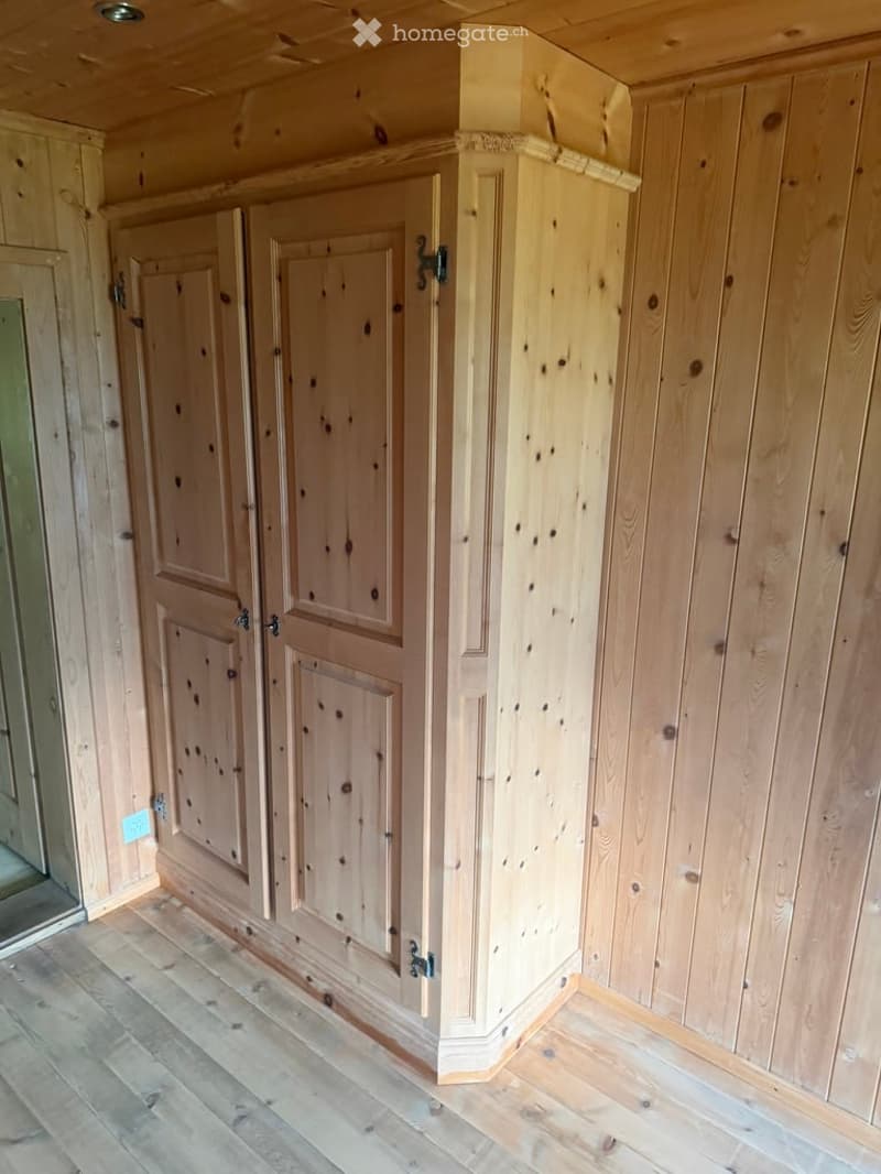 Empty wooden room with built-in wooden cabinets and a wooden floor.