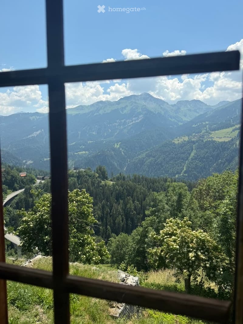 Panoramic mountain view from a balcony or terrace, with clear blue skies and lush green valleys.