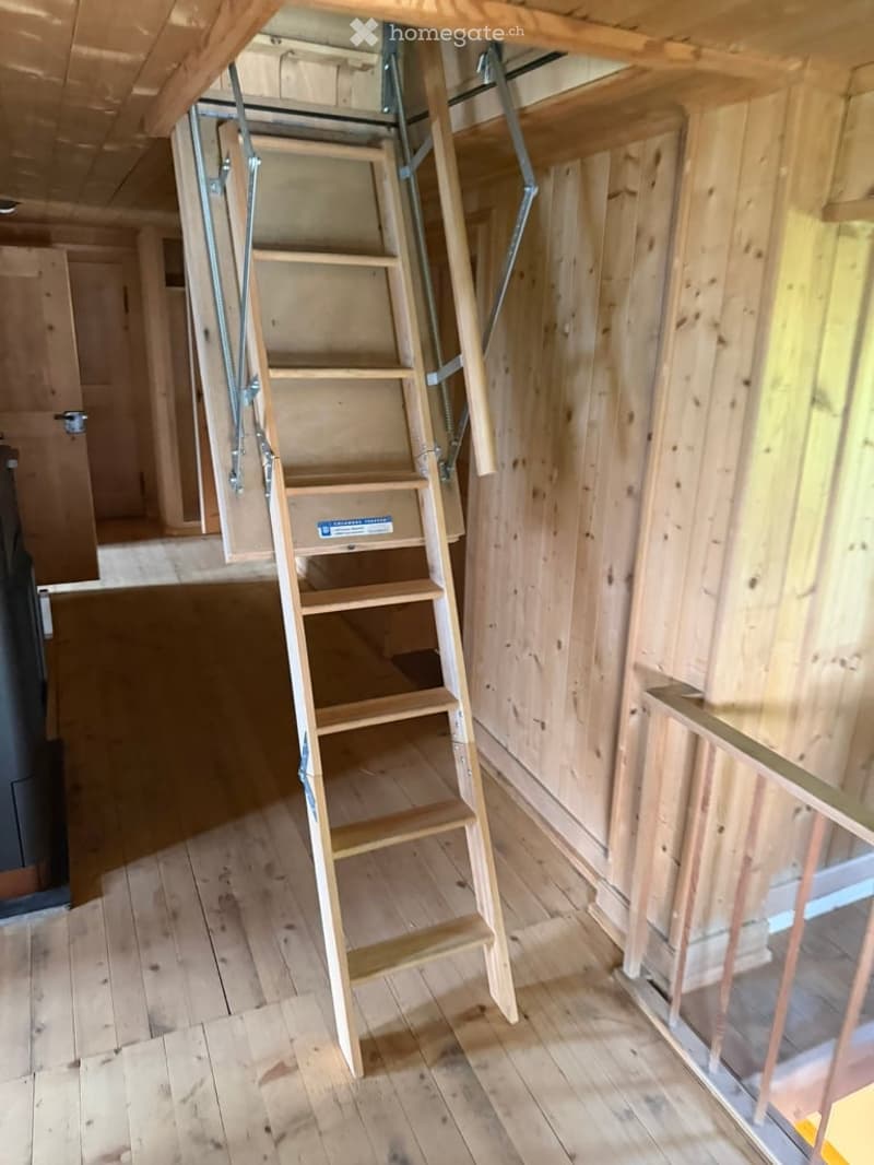 Empty room with wooden walls and floor, featuring a wooden ladder leading to an attic space.