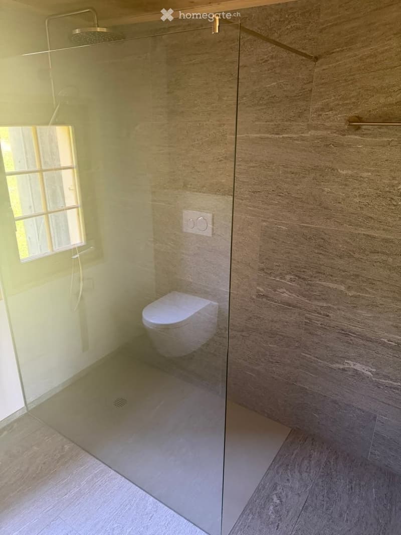 Modern bathroom with a glass shower enclosure, a toilet, and a showerhead. The walls are tiled in a light, textured pattern, and the floor is tiled in a light wood finish. A small window provides natural light.