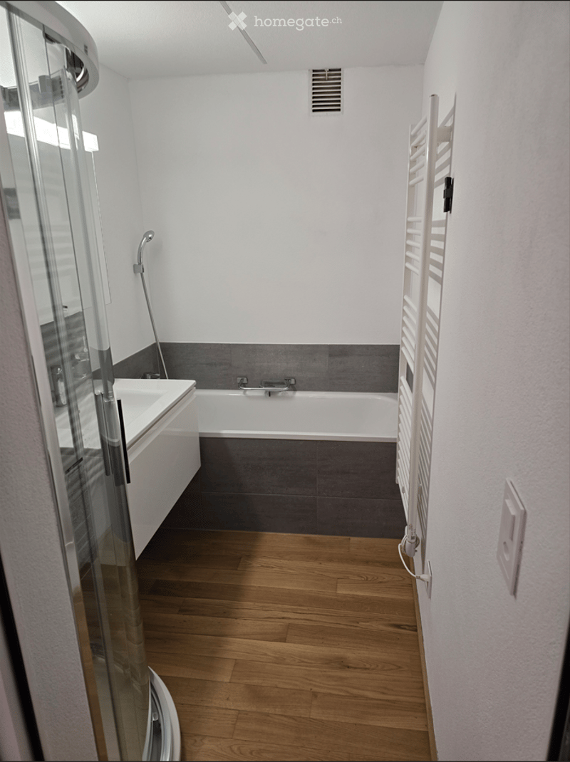 Modern bathroom with wooden flooring, white walls, a bathtub, a sink, a glass-enclosed shower, and a white radiator.