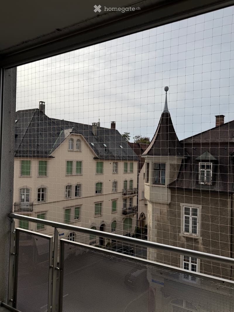 Balcony with metal railing, view of neighboring buildings with green shutters and spires.