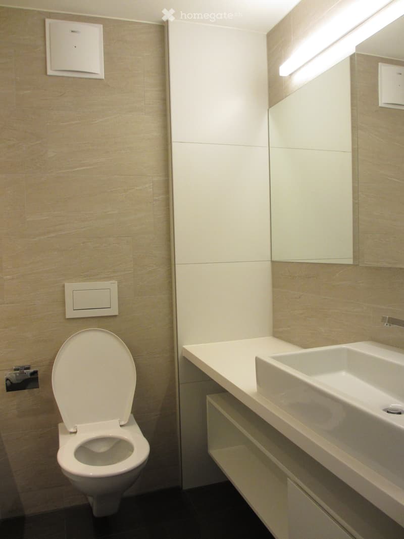 Modern bathroom with a toilet, sink, and mirrored cabinet. Light-colored tiles and sleek design.