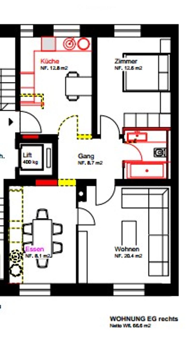 Floor plan of a 4-room apartment on the ground floor, including a kitchen, living room, dining room, and bedroom.