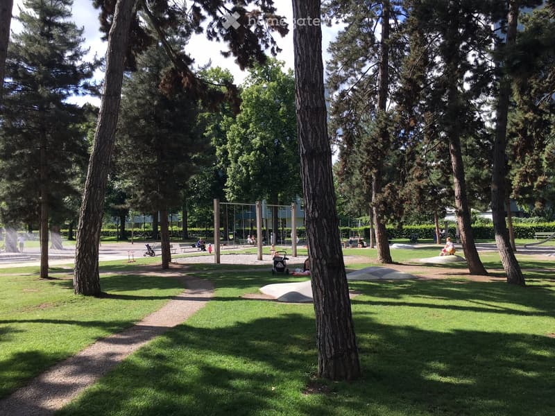 A park area with green grass, trees, a playground with swings, and a few people sitting on benches.