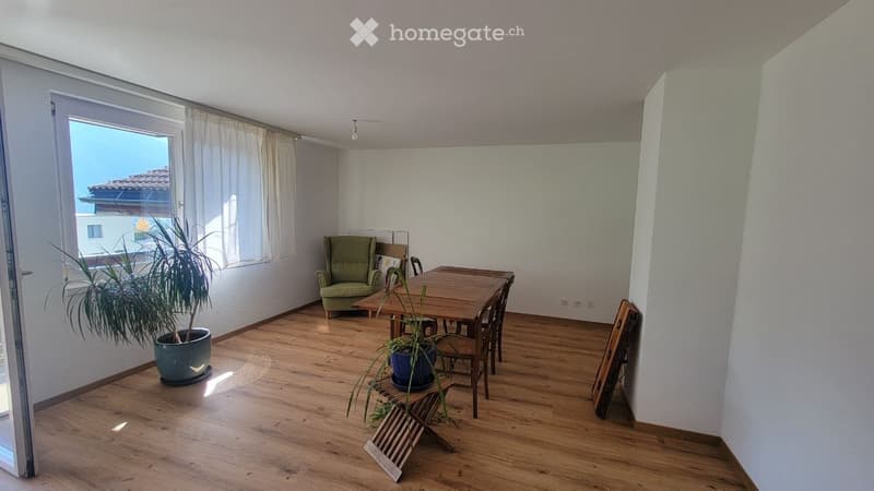 Bright room with wooden flooring, large windows, a green armchair, a wooden dining table with chairs, and potted plants.