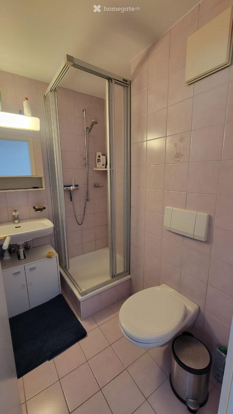 Modern bathroom with a walk-in shower, sink, toilet, and mirrored cabinet. Light pink tiles and a black bath mat are visible.