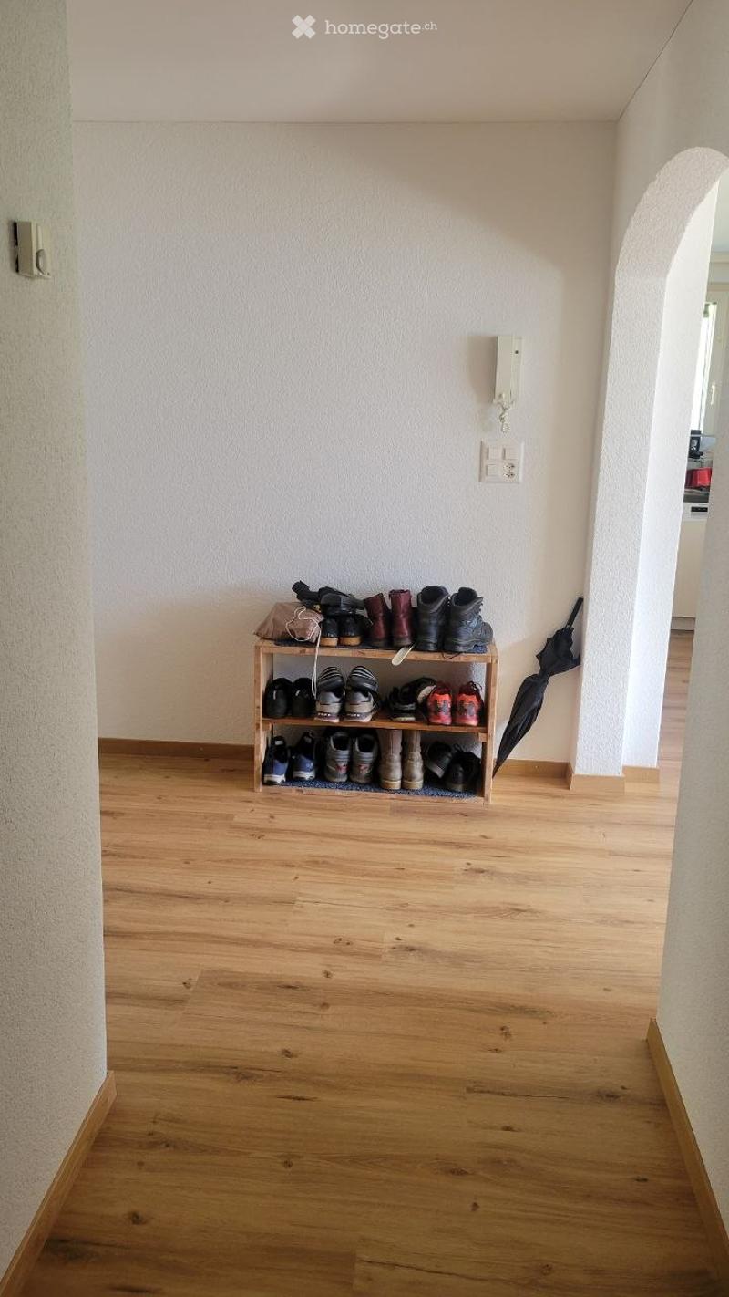 Empty hallway with wooden flooring, white walls, and a small wooden shoe rack holding multiple pairs of shoes and an umbrella. Light switches and a phone are visible on the wall.