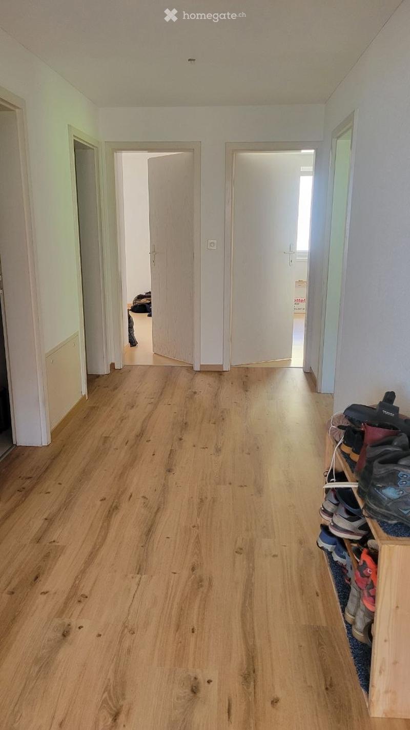 Empty hallway with wooden flooring, white walls, and several doors leading to other rooms. A shoe rack with various shoes is visible on the right side.