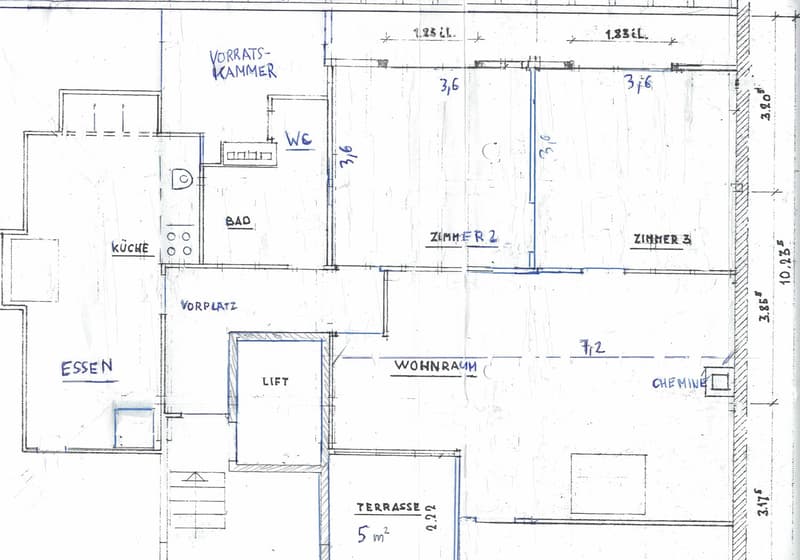 Floor plan showing a kitchen, dining area, living room, three bedrooms, bathroom, storage room, and a terrace.