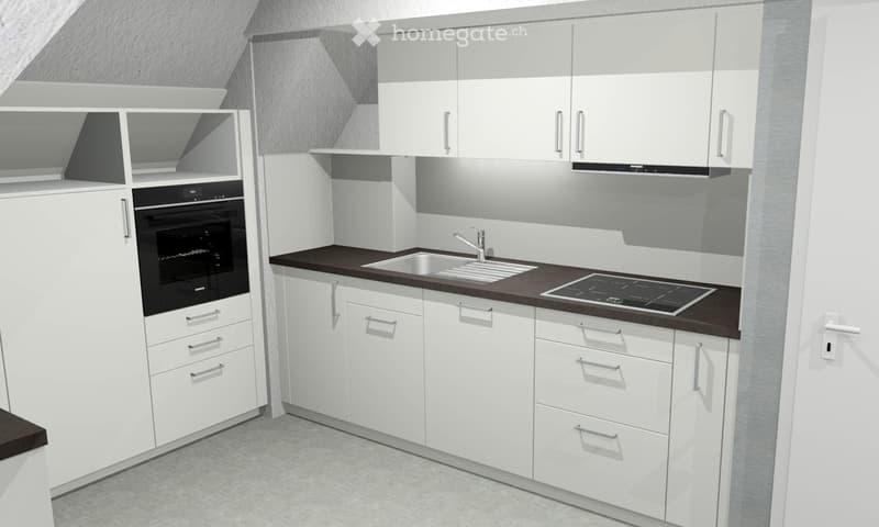 Modern kitchen with white cabinets, dark countertops, built-in oven, sink, and electric stove.