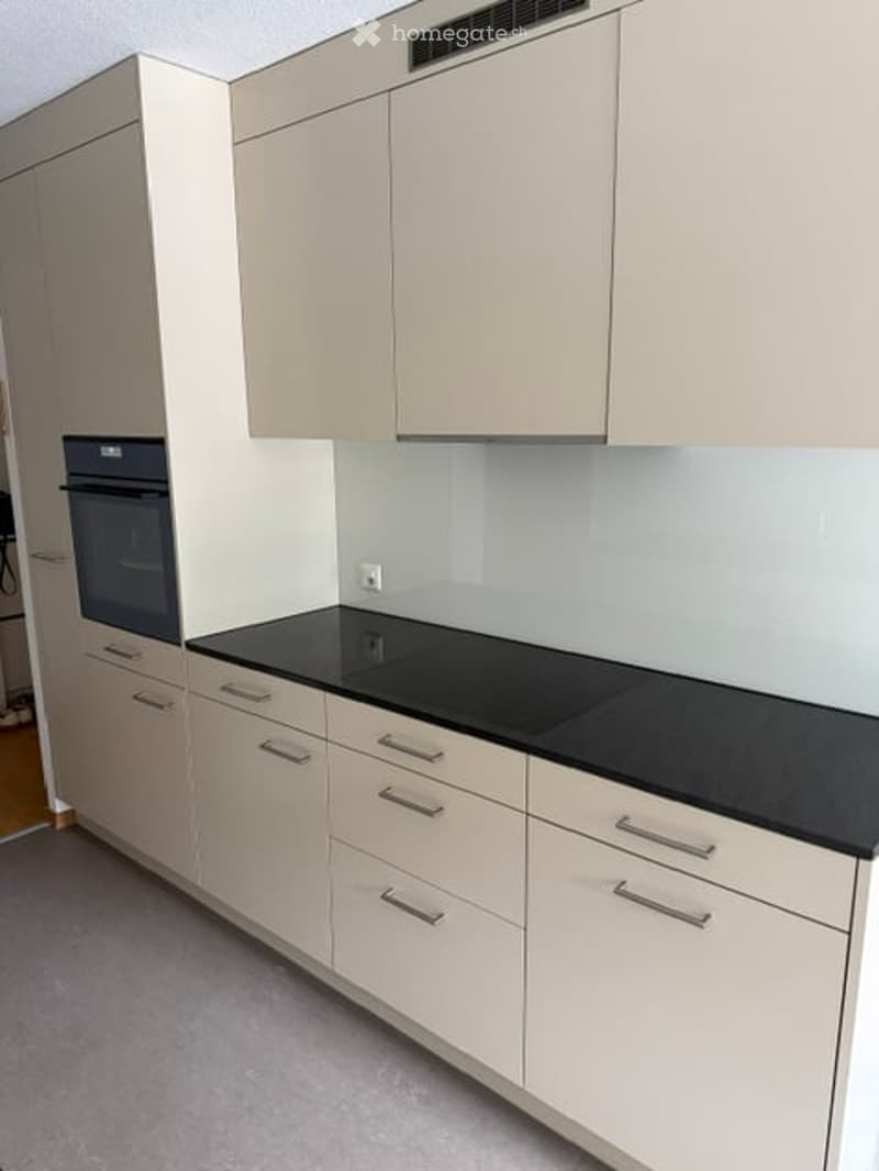 Modern kitchen with light-colored cabinets, black countertop, and built-in oven.