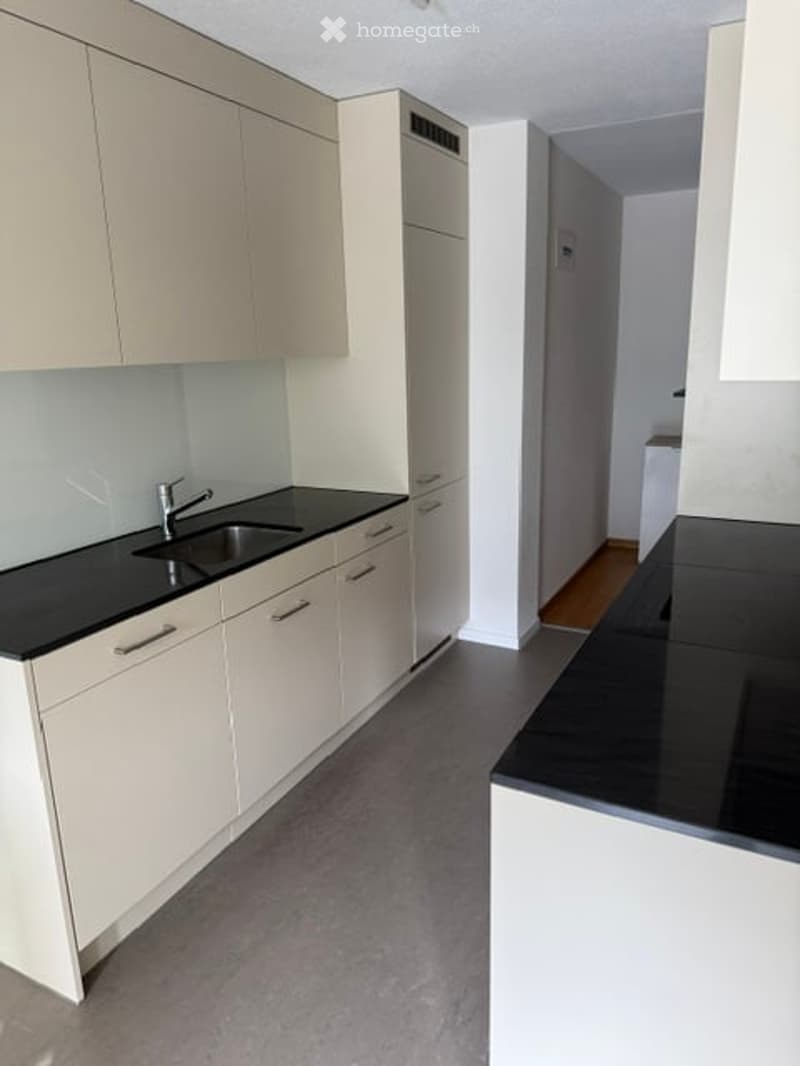 Modern kitchen with white cabinets, black countertops, and a stainless steel sink.