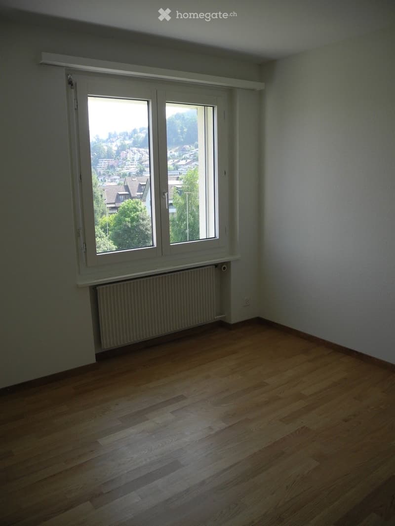 Empty room with wooden flooring, large window with white frame, radiator below the window, and light-colored walls.