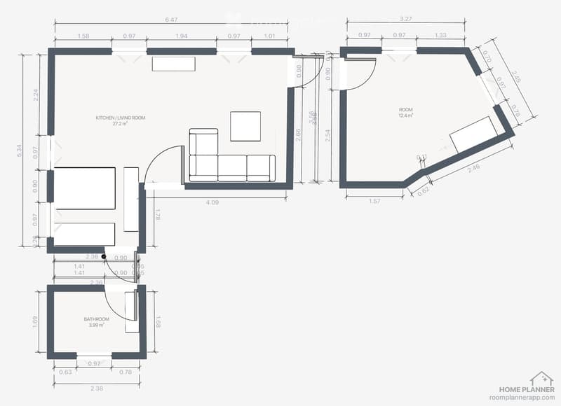 Floor plan of an apartment with a combined kitchen/living room area (27.2 m²), a separate room (12.4 m²), and a bathroom (3.99 m²). Dimensions and measurements are provided for each space.