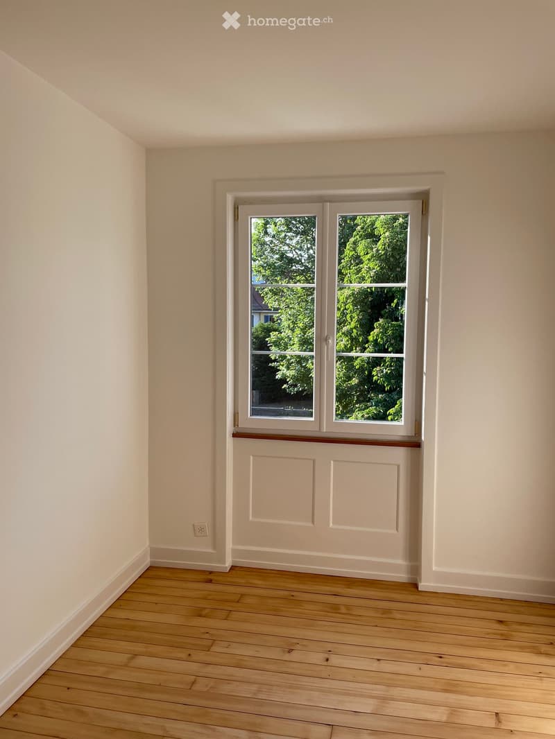 Empty room with light-colored walls, wooden flooring, and a large window with white frames showing greenery outside.