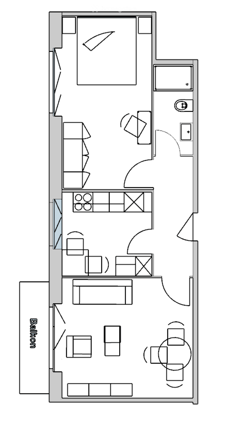 Layout of a compact studio apartment featuring a living area, kitchenette, sleeping area, and a small balcony.