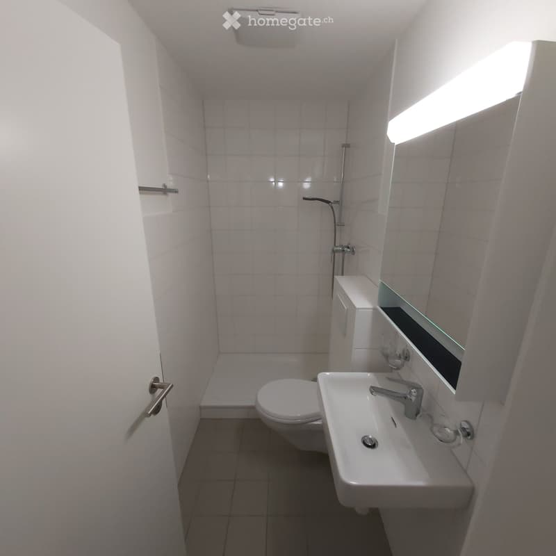 Modern bathroom with white tiles, a toilet, a sink with a faucet, a mirror, and a shower area.