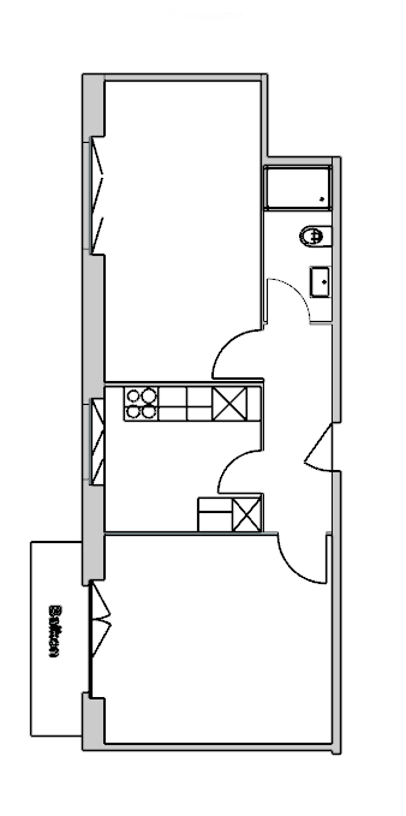 Layout of a compact studio apartment featuring a combined living and sleeping area, a small kitchen area, and a separate bathroom.
