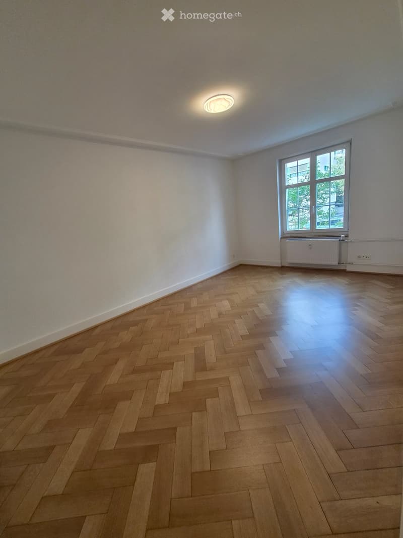 Empty room with wooden herringbone flooring, white walls, large window with view, and a radiator below the window.
