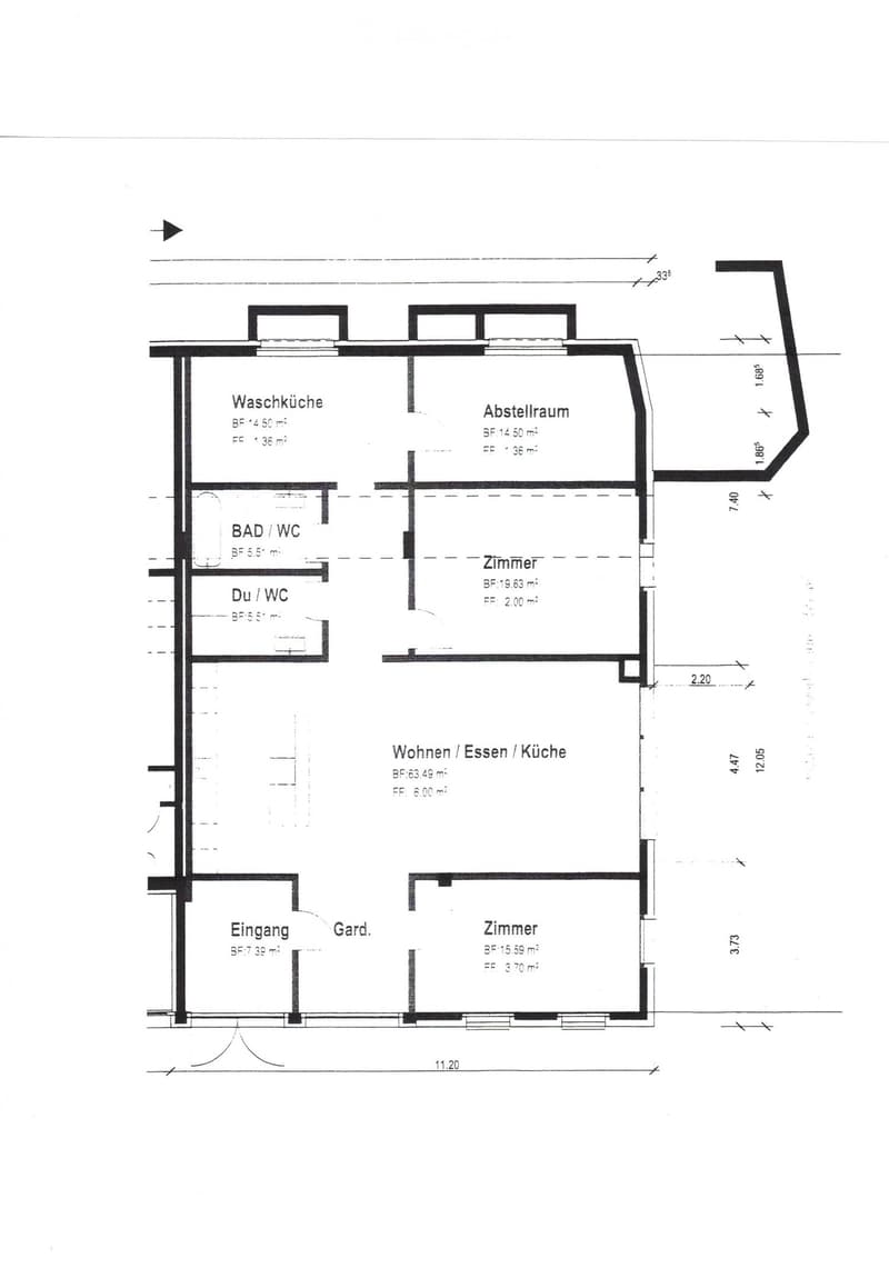 Floor plan showing a layout with a living/dining/kitchen area, two bedrooms, a bathroom, a wash kitchen, a storage room, and an entrance.