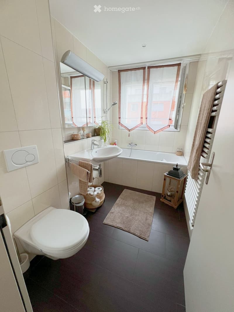 Modern bathroom with a toilet, sink, bathtub, mirror, radiator, and decorative items including a lantern and a small plant.
