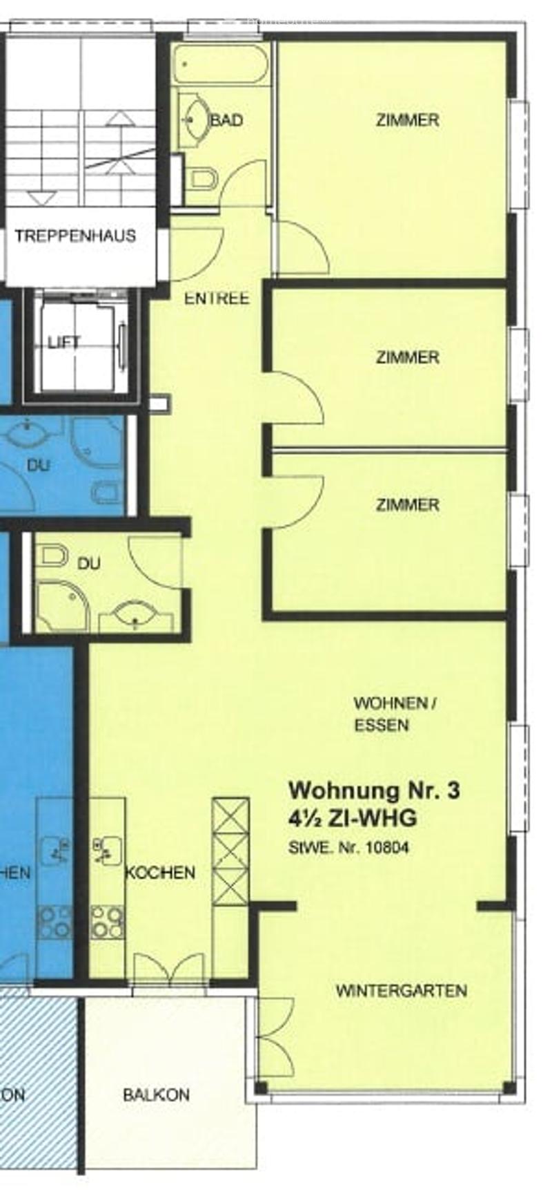 Floor plan of a 4.5-room apartment with living/dining area, kitchen, three bedrooms, bathroom, entrance, balcony, and winter garden.