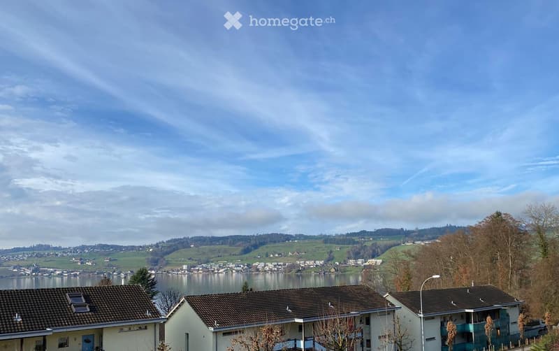 A two-story house with a brown tiled roof and white walls, situated near a lake with a scenic view of hills and a town in the background.
