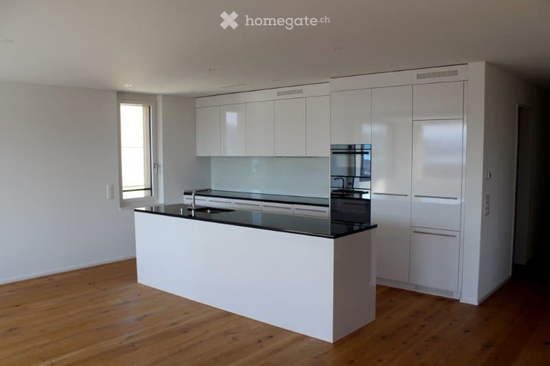 Modern kitchen with white cabinets, a central island, and a black countertop. The space features wooden flooring and a sleek, contemporary design.