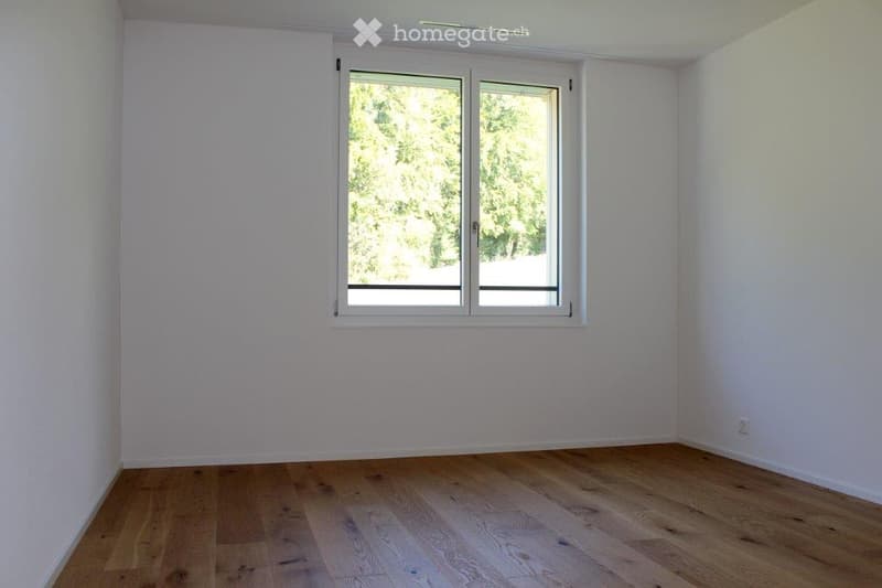 Empty room with light-colored wooden flooring and white walls, featuring a large window with white frames and a view of greenery outside.