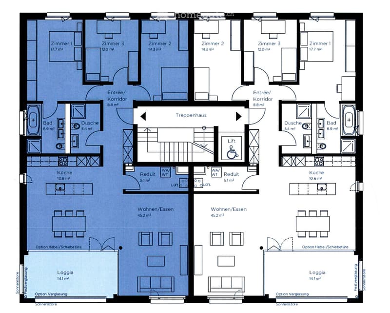 Floor plan of a multi-unit building with multiple rooms including bedrooms, bathrooms, kitchen, living/dining areas, and corridors.