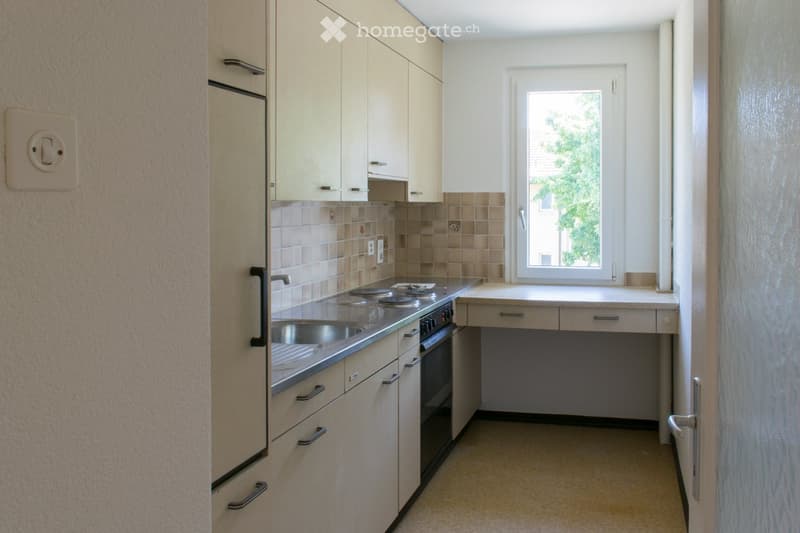 Modern kitchen with light-colored cabinets, stainless steel appliances, and a window overlooking greenery.