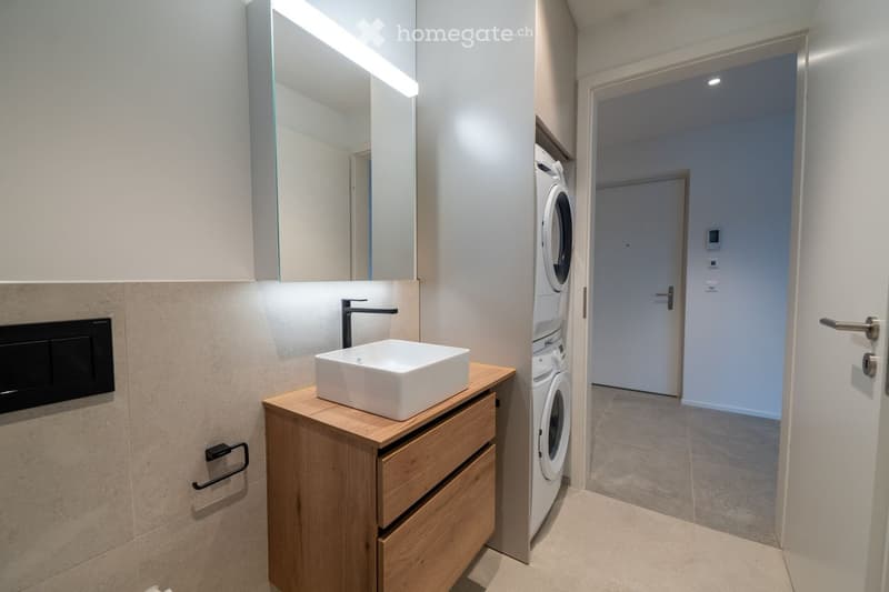 Modern bathroom with a white sink, wooden cabinet, large mirror, and a washing machine in the adjacent area.