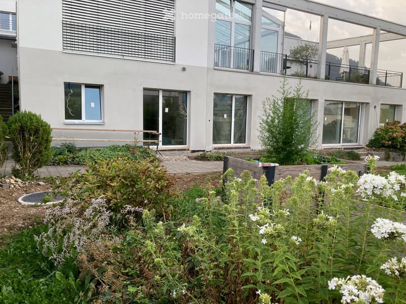 Modern two-story house with large windows, balconies, and a well-maintained garden with various plants and flowers.