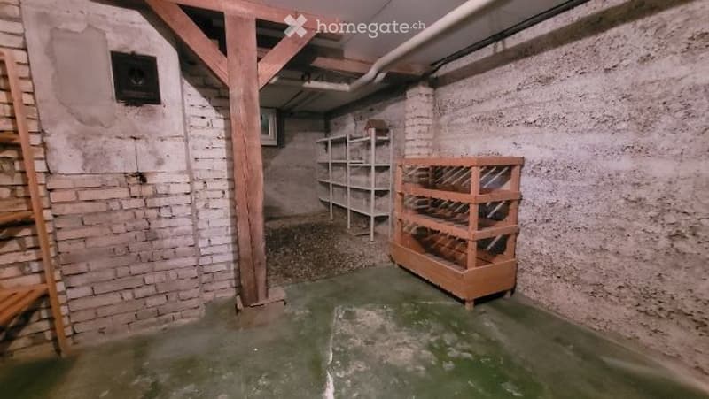Empty basement room with exposed brick walls, wooden beams, and a concrete floor. Minimal shelving and a ladder are present, but no furniture or major items.