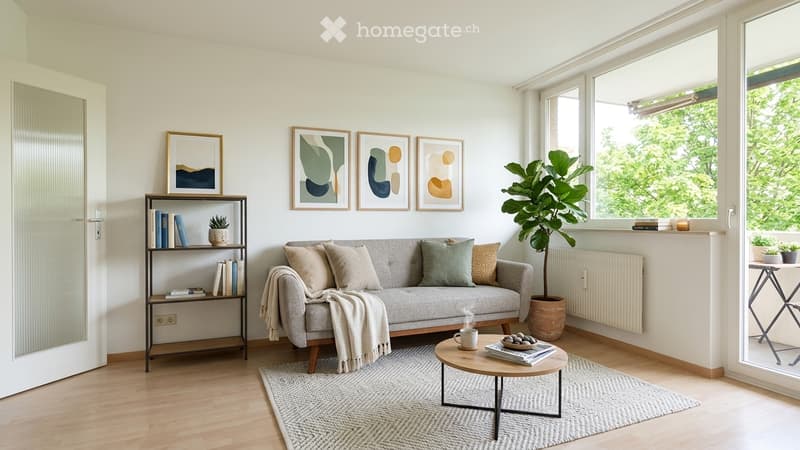 Modern living room with a grey sofa, coffee table, bookshelf, and large windows overlooking greenery.
