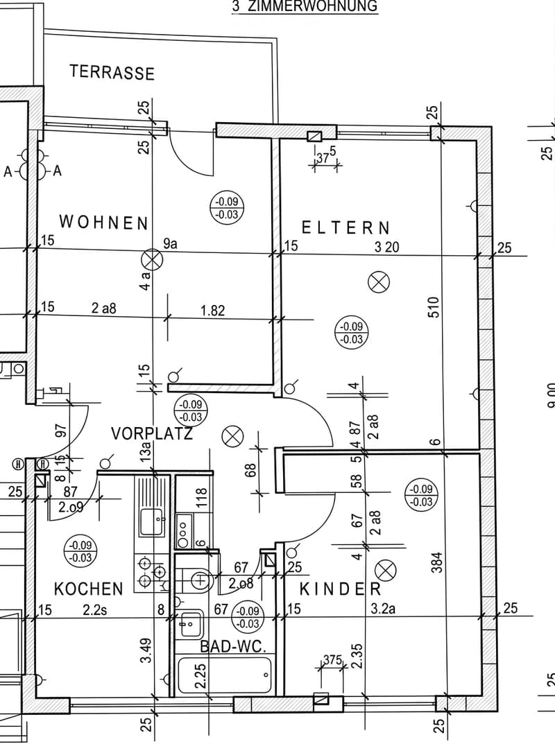 Floor plan of a 3-room apartment with living room, kitchen, bathroom, children's room, parents' room, and a terrace.