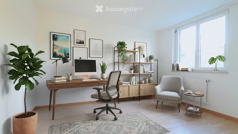 A modern, well-lit home office with a wooden desk, ergonomic chair, small round side table, floor lamp, potted plants, and framed artwork on the walls.